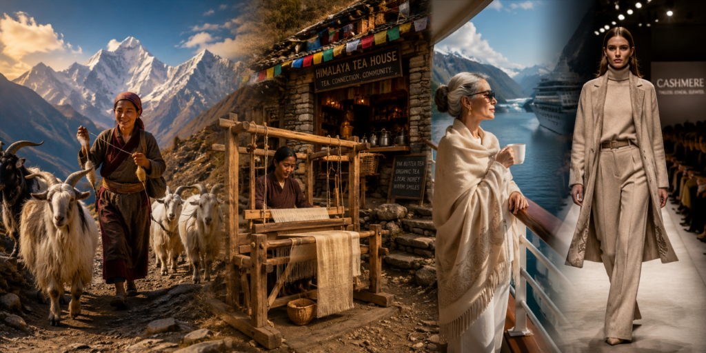 Changra goats in the Himalayas, traditional weaving, luxury pashmina travel wear, and modern cashmere fashion representing the journey from mountain fiber to finished textile.